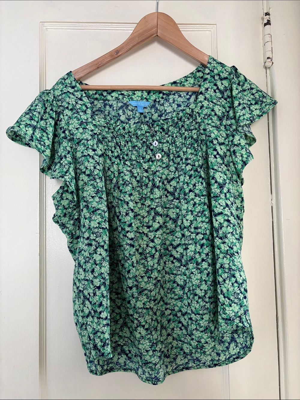 Draper James Green Floral Smocked Ruffle Sleeve Blouse
